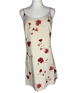 Vintage 90s Tan Floral Red Boho Strappy Mini Dress A Line Retro Earth Tones